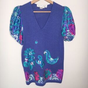 VINTAGE SMALL 80S KNIT TOP WITH PUFF SILK SLEEVES AND KNIT BODY